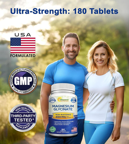 aSquared Nutrition Magnesium Glycinate 400mg - 180 Tablets - Max Strength Magnesium Bisglycinate Supplement -Maximum Bioavailability & Absorption-Non-GMO -Not Buffered-Supports Muscles, Bones & Heart