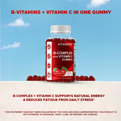 Vitamatic Vitamin B Complex Gummies with Vitamin C & Inositol - Natural Strawberry Flavor - 60 Gummies (1 Bottle)