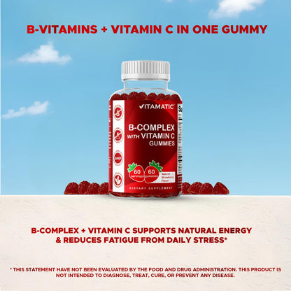 Vitamatic Vitamin B Complex Gummies with Vitamin C & Inositol - Natural Strawberry Flavor - 60 Gummies (1 Bottle)