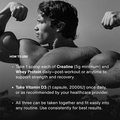 Momentous Arnold's Stack - Creatine Monohydrate Powder, Essential Grass-Fed Whey Protein Powder (Unflavored) & Vitamin D3 (2000 IU) - Daily Fundamentals to Support Muscle Strength & Longevity