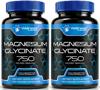 Magnesium Glycinate Capsules - 750mg | 120 Count, Magnesium Supplement for Women and Men - Pure Complex Glicinato De Magnesio, High Absorption, Heart Health, Sleep Supplement - 2 Packs
