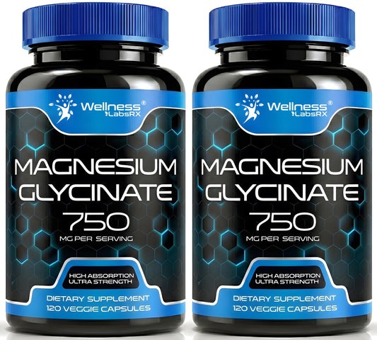 Magnesium Glycinate Capsules - 750mg | 120 Count, Magnesium Supplement for Women and Men - Pure Complex Glicinato De Magnesio, High Absorption, Heart Health, Sleep Supplement - 2 Packs