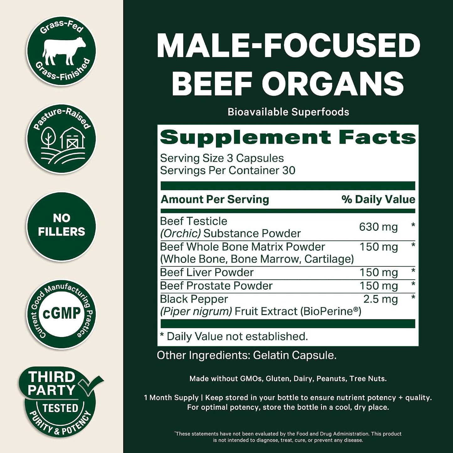 Pink Stork Men's Beef Organ Complex, Bioavailable Superfoods, 30 Servings | Grass-Fed, Grass-Finished Beef Liver, Testicle, Prostate + Bone Marrow | Supports Energy, Vitality + Men's Health