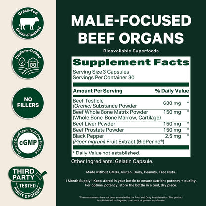Pink Stork Men's Beef Organ Complex, Bioavailable Superfoods, 30 Servings | Grass-Fed, Grass-Finished Beef Liver, Testicle, Prostate + Bone Marrow | Supports Energy, Vitality + Men's Health