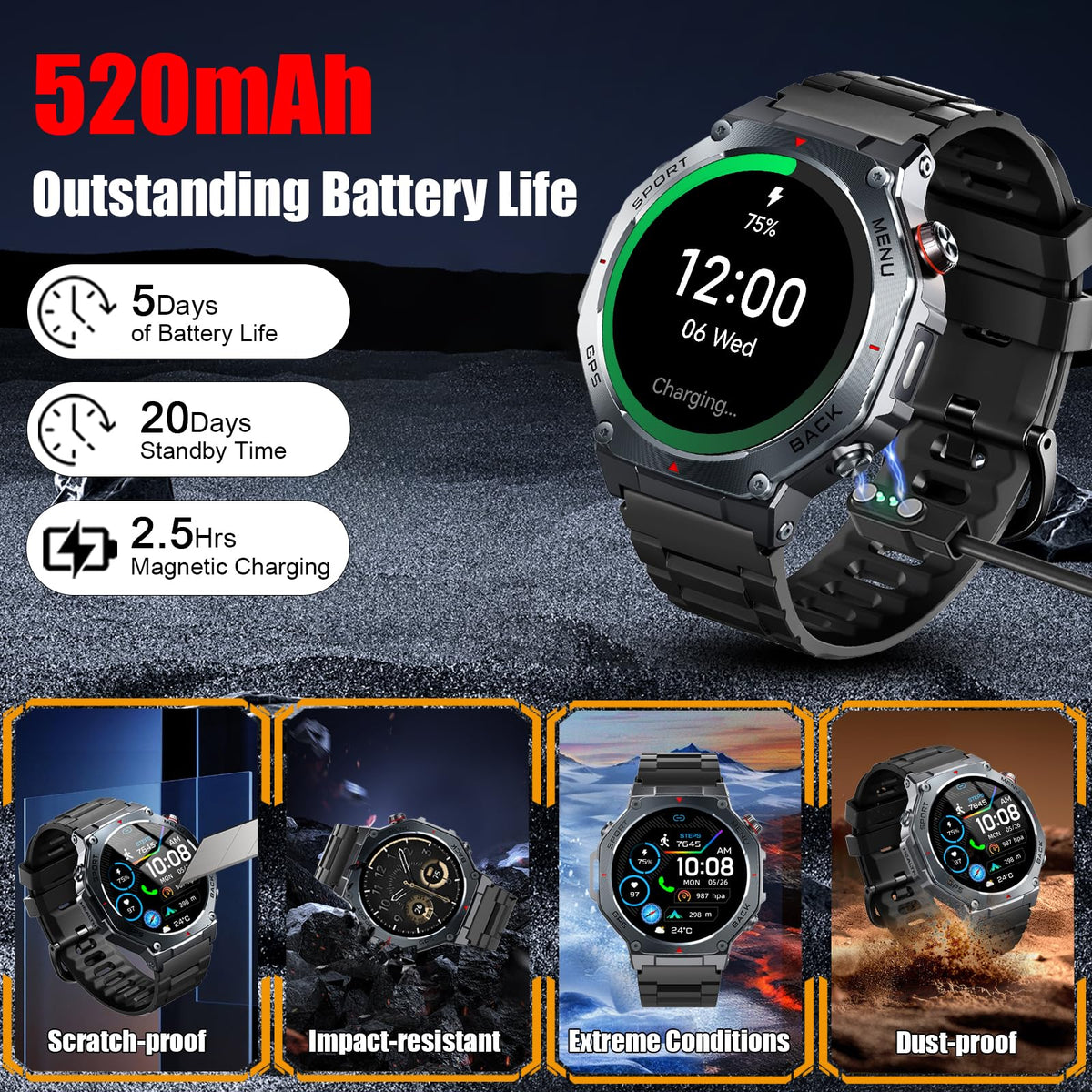 Jugeman Military Smart Watch for Men, Dual-Band GPS, 1.43" AMOLED Outdoor Smartwatch, 5ATM Waterproof Fitness Watch with Bluetooth Calls, Heart Rate/Sleep Monitor/Compass 160+ Sports for Android iOS