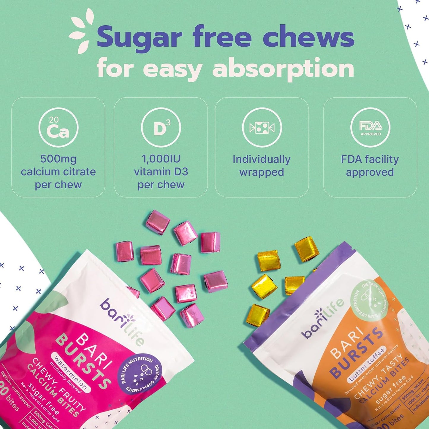 Bari Life Just One, Once Daily Bariatric Multivitamin with Iron (90 Tablets) and BariBurst Calcium Citrate Soft Chews for Gastric Bypass, Gastric Sleeve and Duodenal Switch (Butter Toffee)