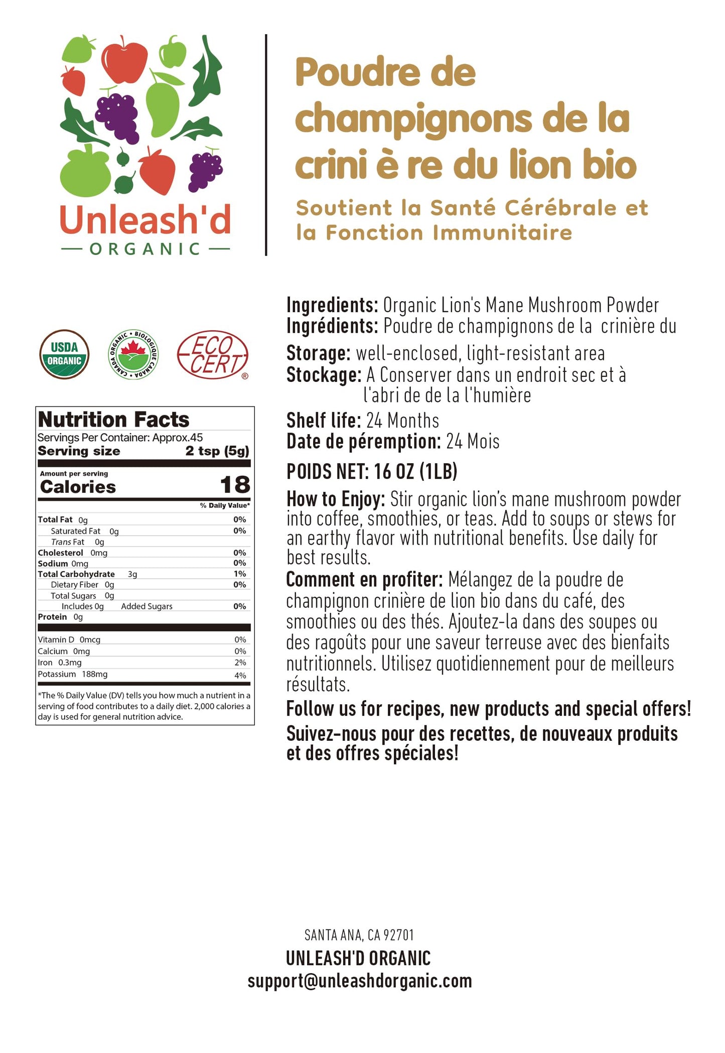 UNLEASH'D ORGANIC Organic Lion's Mane Mushroom Powder 16 oz – 100% Pure Natural Superfood, Rich in Antioxidants & Polysaccharides