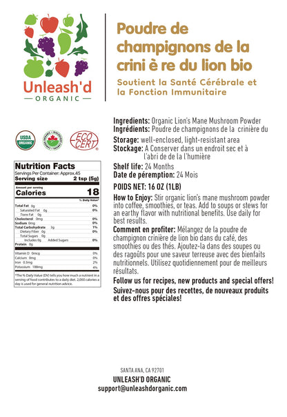 UNLEASH'D ORGANIC Organic Lion's Mane Mushroom Powder 16 oz – 100% Pure Natural Superfood, Rich in Antioxidants & Polysaccharides