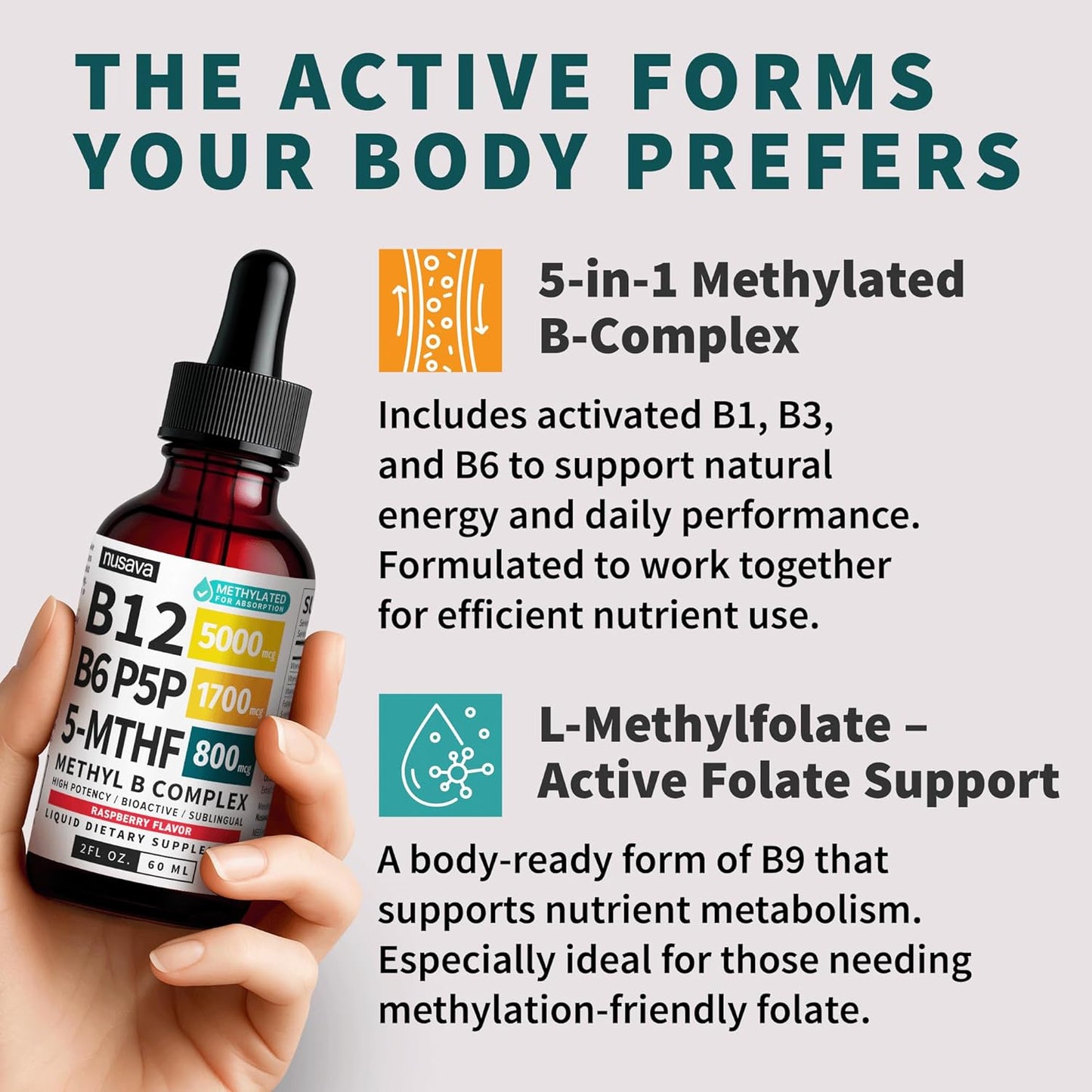 (2-Pack) Methylated B Complex Liquid Drops - Vitamin B Complex with Active L Methylfolate - B12 Sublingual Drops - Vegan B12 Vitamin 5000mcg, Non-GMO, Raspberry Flavor, No Sugar, 2 Fl oz, 80 Servings