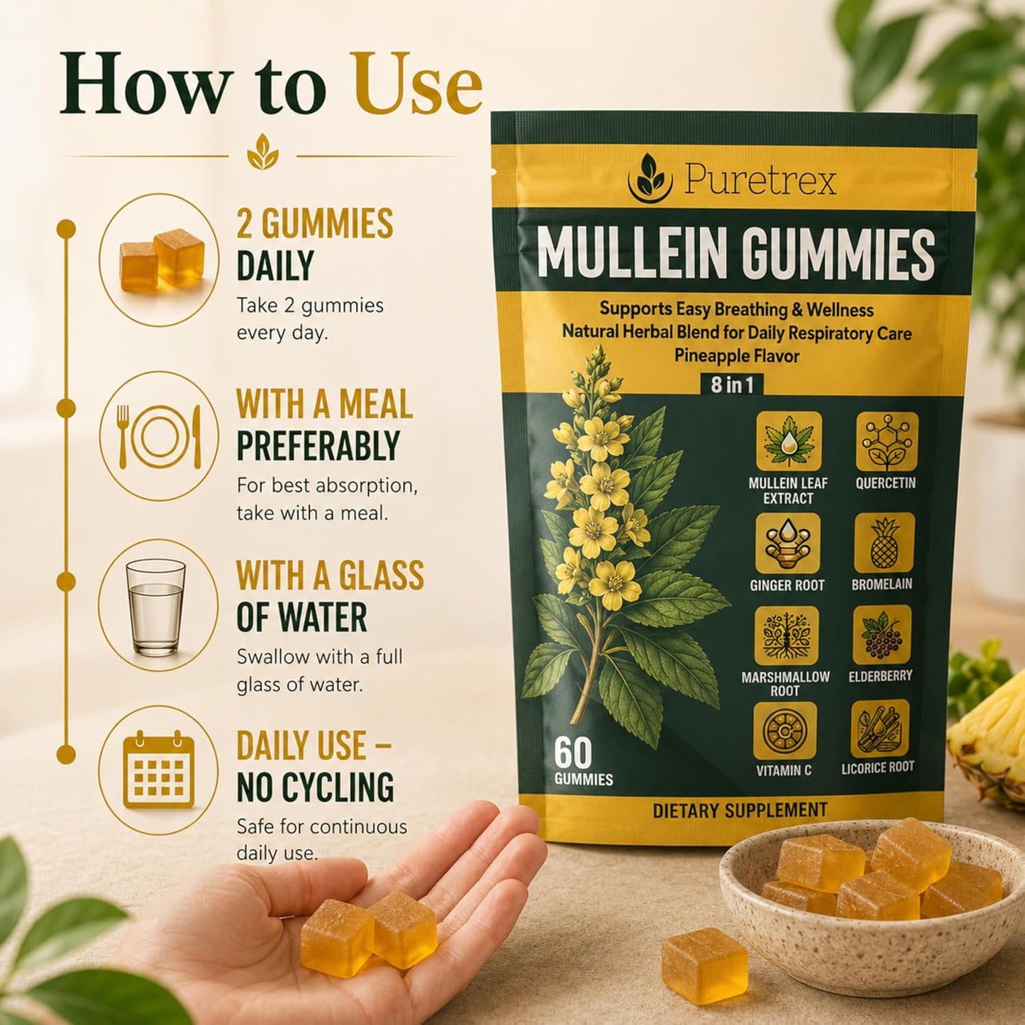 Mullein Gummies 60 Count, 8 in 1 Herbal Blend for Respiratory Support, Lung & Immune Care, Mullein Leaf Extract, Elderberry, Vitamin C, Ginger Root, Quercetin, Bromelain, Pineapple Flavor