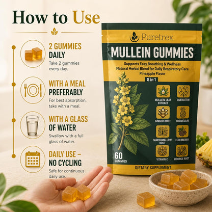 Mullein Gummies 60 Count, 8 in 1 Herbal Blend for Respiratory Support, Lung & Immune Care, Mullein Leaf Extract, Elderberry, Vitamin C, Ginger Root, Quercetin, Bromelain, Pineapple Flavor