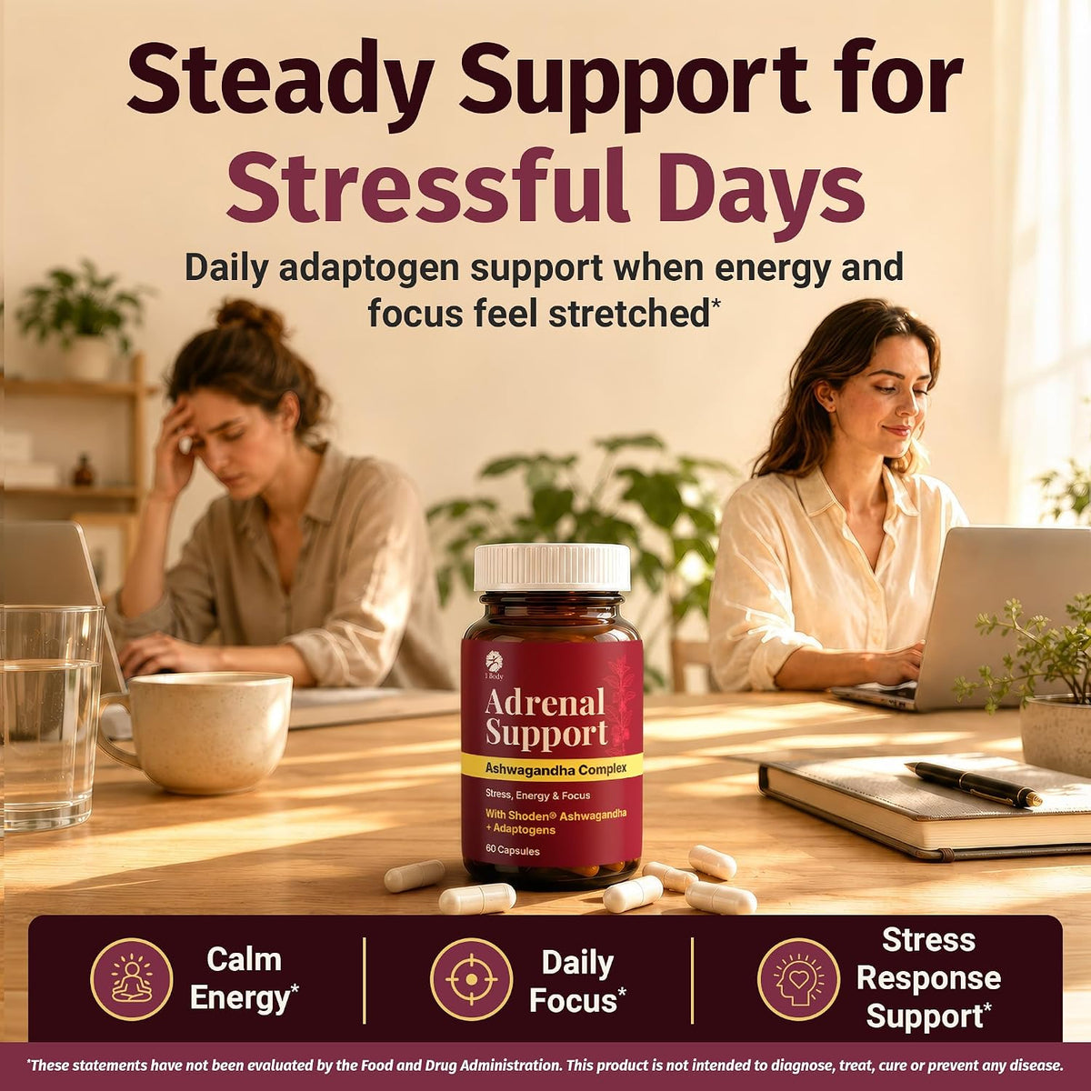1 Body Adrenal Support Supplement, Shoden Ashwagandha + Cortisol, 60 Caps