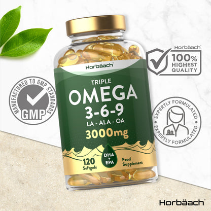 Omega 3 6 9 Capsules High Strength | 3000mg | 120 Softgels | Triple Omega 369