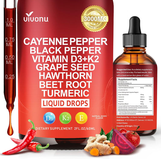 VivoNu Cayenne Pepper Softgels Supplement, Supports Leg Vein, Heart and Blood Vessel Health, with Vitamin E D3+K2 and Extracts of Grape Seed, Hawthorn, Beetroot, Berberine (Drops /1 Bottle)
