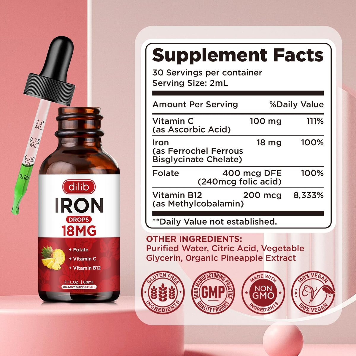 (2 Pack) Liquid Iron Supplement for Women & Men Iron Drops Iron Supplements for Anemia with Folate, Vitamin C, B12 for Red Blood Cell Support-Strawberry, 4 Fl Oz