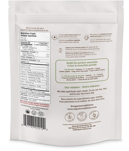 Organic Traditions Chlorella Powder, Broken Cell Wall Algae with Plant Based Protein, Essential Amino Acids, Chlorophyll & Nutrients, Eenergy Drink, Non GMO Superfood for Daily Blends, 150g/5.3oz Bag