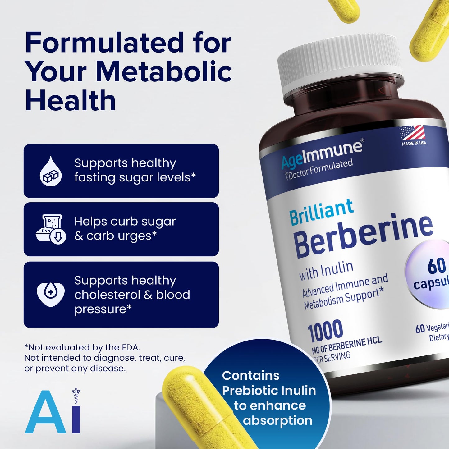 AgeImmune Berberine 1000mg Supplement Complex with Inulin Prebiotic - Berberine HCL 500mg per Capsule - Doctor Formulated and Third Party Tested Berberine Supplement