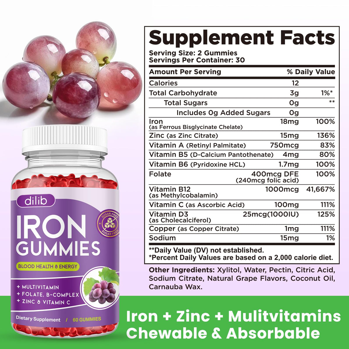 Iron Gummies with Multivitamin, Iron Supplement for Women & Men with Zinc, Vitamin B Complex & C, B12, Folate - Blood Builder & Energy Support for Adults & Kids - Strawberry Flavor, Vegan 60 Gummies