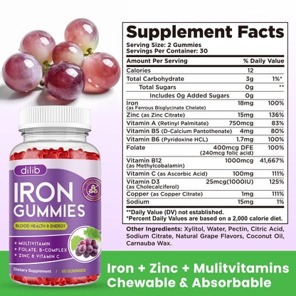 Iron Gummies with Multivitamin, Iron Supplement for Women & Men with Zinc, Vitamin B Complex & C, B12, Folate - Blood Builder & Energy Support for Adults & Kids - Strawberry Flavor, Vegan 60 Gummies