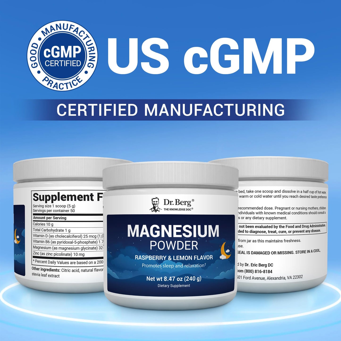 Dr. Berg Magnesium Glycinate Powder for Sleep, Relaxation, & Stress Relief - Now Includes Vitamin D3 & Zinc - Delicious Raspberry & Lemon Flavor (50 Servings) Magnesium Powder - Magnesium Drink Powder