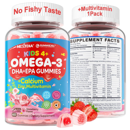 Nextdia Omega 3 (EPA/DHA) Filled Gummies for Kids Teen with Multivitamin, Calcium + D3 + K2 + Zinc, Plus Vitamin A B1 B2 B12 C, Selenium, Iodine for Brain, Eye, Bone, Energy, No Fish Taste, Sugar Free