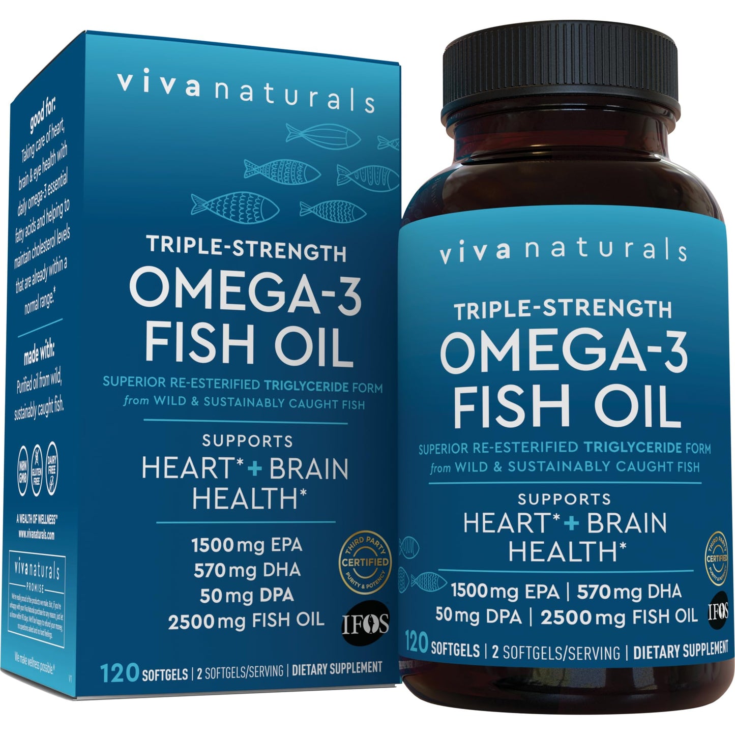 Omega 3 Fish Oil Supplement for Women and Men - 2500 mg Triple Strength Fish Oil per Serving with Omega 3 Fatty Acids Including EPA, DHA DPA - 180 Pescatarian-Friendly Softgels