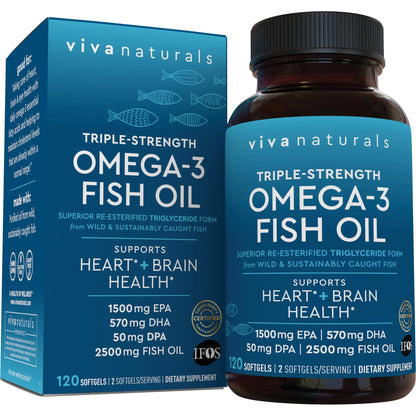 Omega 3 Fish Oil Supplement for Women and Men - 2500 mg Triple Strength Fish Oil per Serving with Omega 3 Fatty Acids Including EPA, DHA DPA - 180 Pescatarian-Friendly Softgels