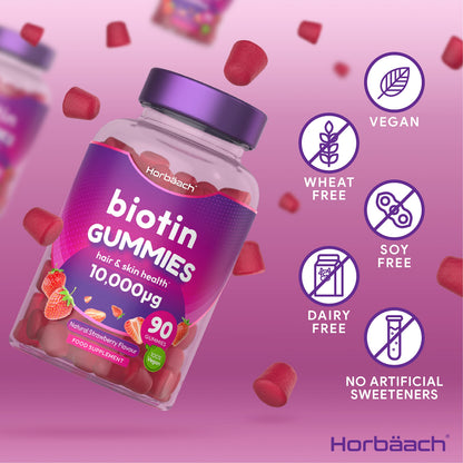 Biotin Gummies 10,000mcg | 90 Vegan Vitamins | Natural Strawberry Flavour