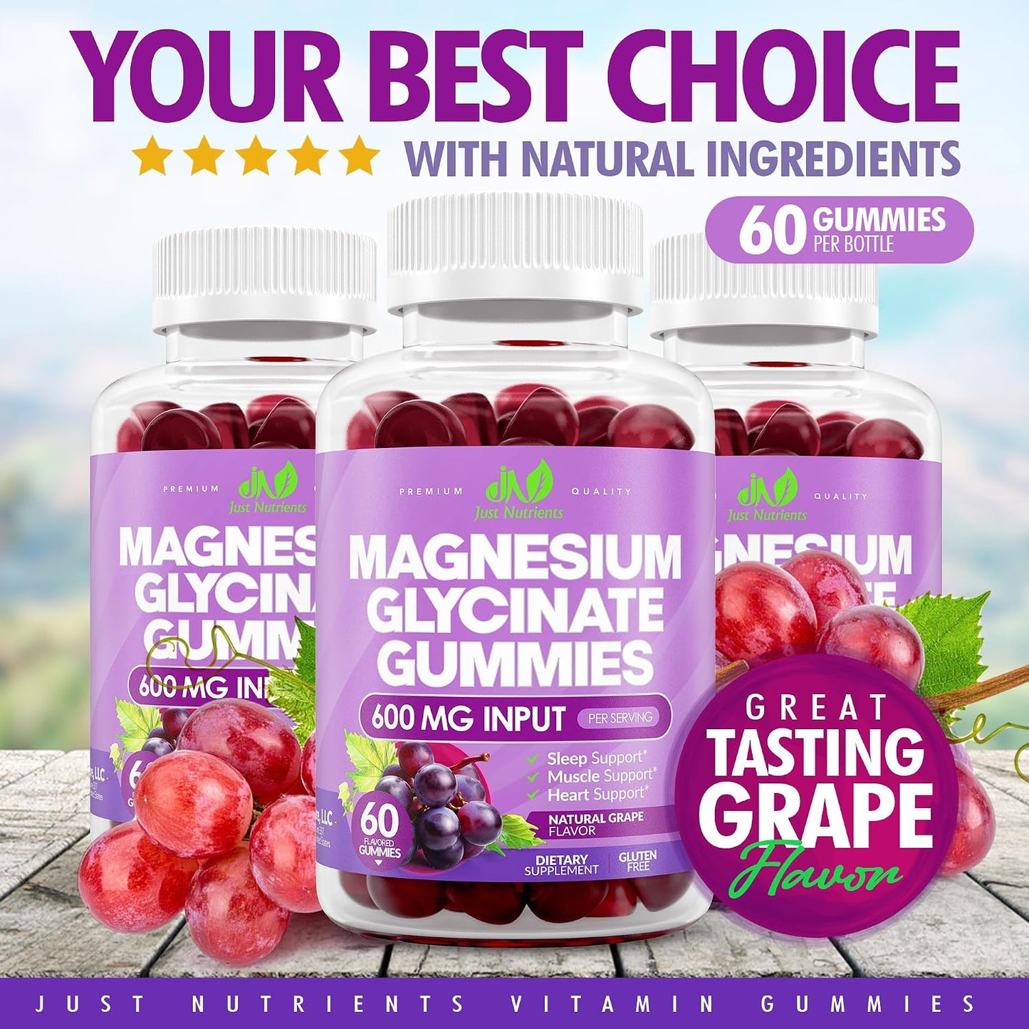 Magnesium Glycinate 600mg Gummies | Support for Sleep, Nerves, Immunity, Heart, Bones & Digestion - Natural Grape Flavor - 60 count