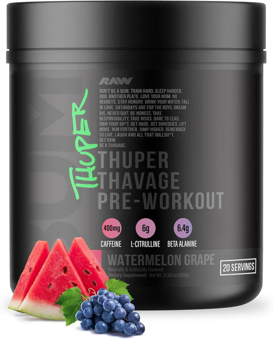 RAW Thuper Thavage Pre Workout Powder - High-Stim Preworkout with Creatine, Beta Alanine, L-Citrulline & Caffeine - Chris Bumstead Gym & Fitness Supplement for Men & Women - Watermelon Grape
