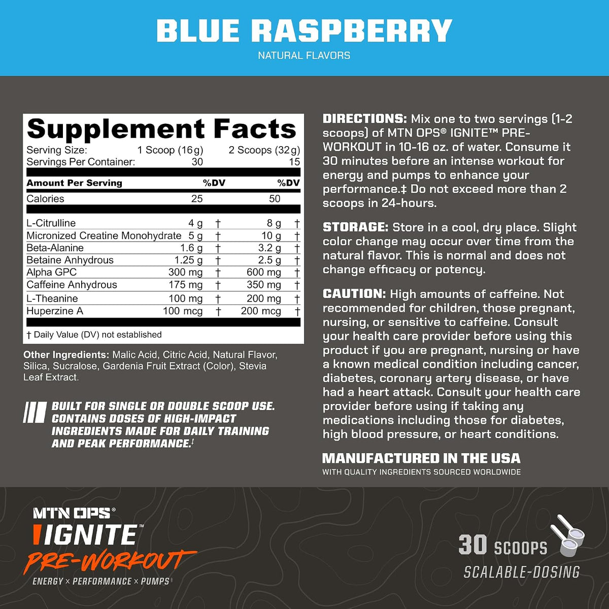 MTN OPS Ignite Pre-Workout, Blue Raspberry, Customizable Gym Energy
