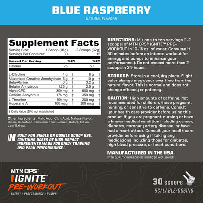 MTN OPS Ignite Pre-Workout, Blue Raspberry, Customizable Gym Energy