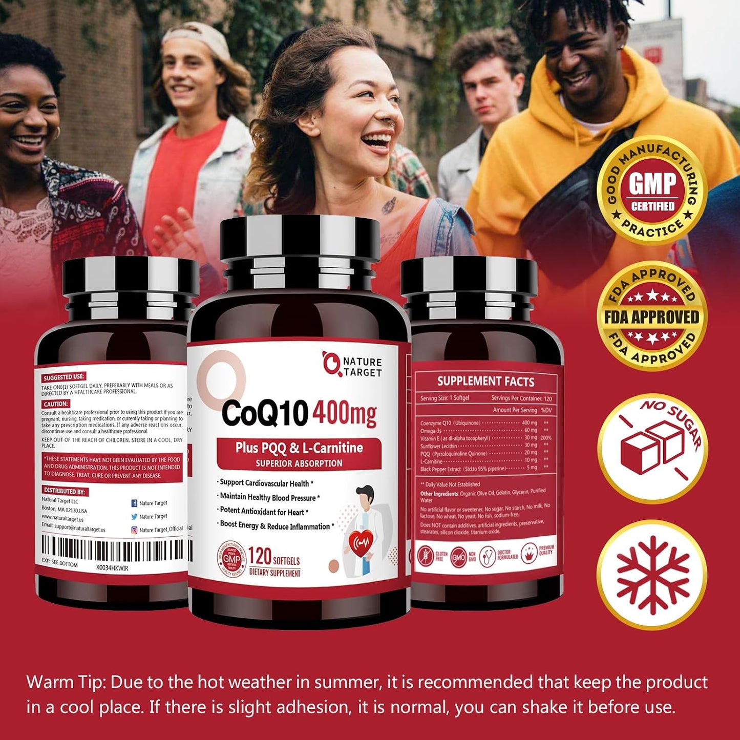 NATURE TARGET CoQ10-400mg with PQQ, Omega-3s & L-Carnitine, 120 Servings | High Absorption Coenzyme Q10 with BioPerine, Supports Heart, Brain, Immune System, Energy Production