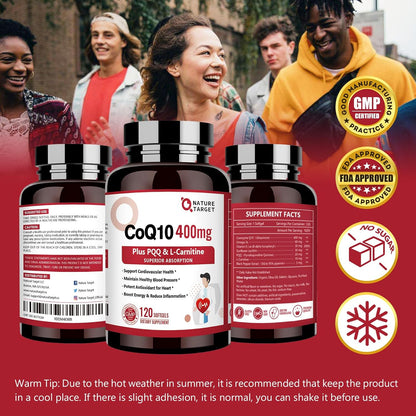 NATURE TARGET CoQ10-400mg with PQQ, Omega-3s & L-Carnitine, 120 Servings | High Absorption Coenzyme Q10 with BioPerine, Supports Heart, Brain, Immune System, Energy Production