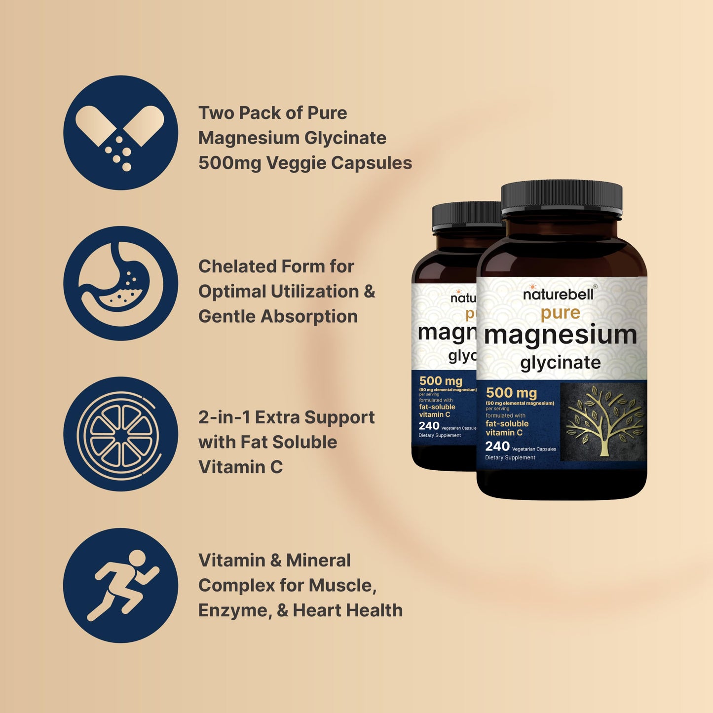 Naturebell Pure Magnesium Glycinate 500mg, 240 Veggie Capsules | 100% Chelated & Purified – 3rd Party Tested, Vegan Friendly, Non-GMO, Filler Free
