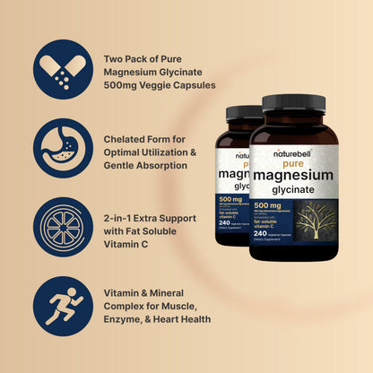 Naturebell Pure Magnesium Glycinate 500mg, 240 Veggie Capsules | 100% Chelated & Purified – 3rd Party Tested, Vegan Friendly, Non-GMO, Filler Free
