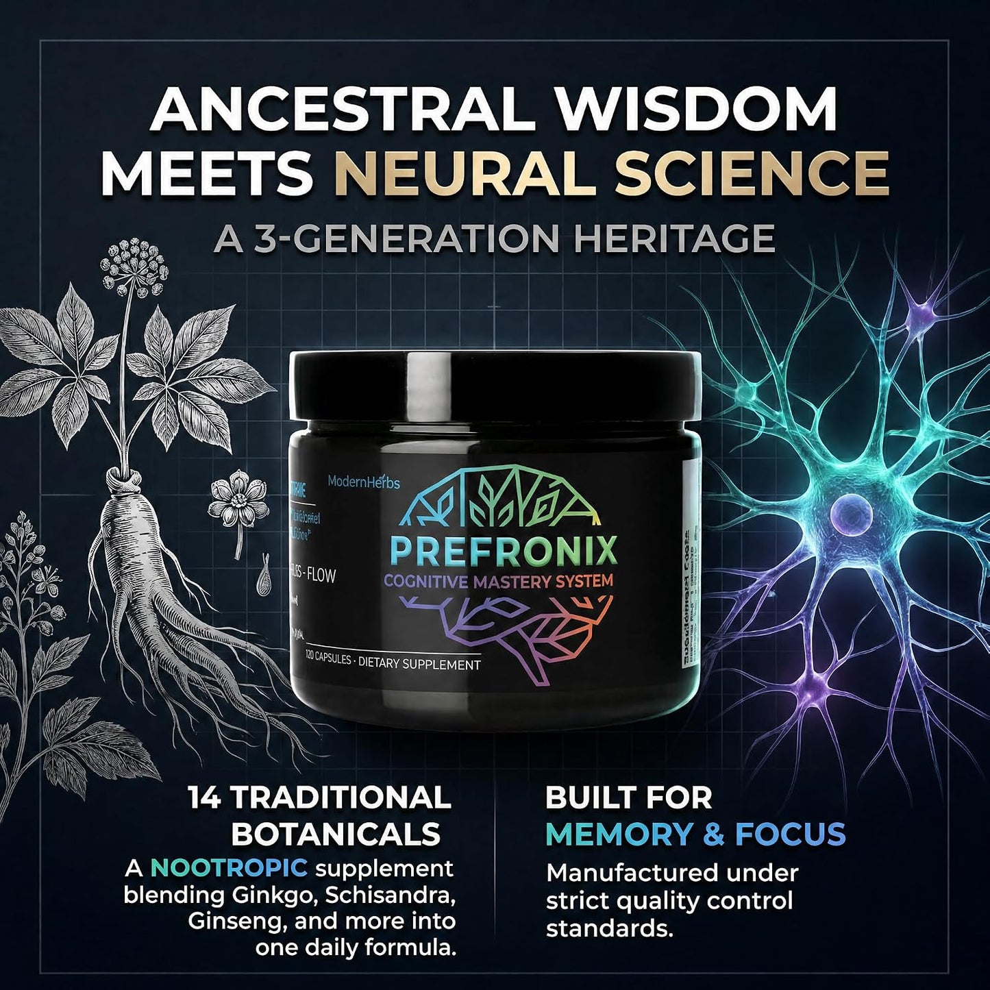 Prefronix Nootropic Brain Supplement, Ginkgo Biloba, Memory & Cognitive | 100-Day Supply; Caffeine-Free Daily Focus; 14 Botanicals for Men, Women and Seniors; GMP-Certified Quality