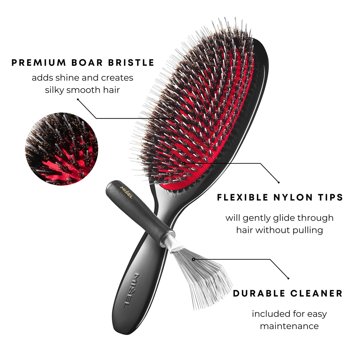 MISEL Boar Bristle Hair Brush and Brush Cleaner Bundle for Women and Men | Detangles