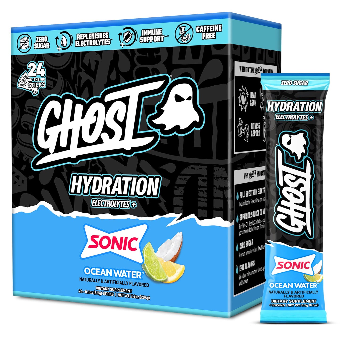 GHOST Hydration Sticks, Electrolyte Powder Packets, Sonic Cherry Limeade - 24 Sugar Free Instant Electrolyte Drink Mix - Caffeine-Free Daily Hydration & Immune Support with Clean Formula