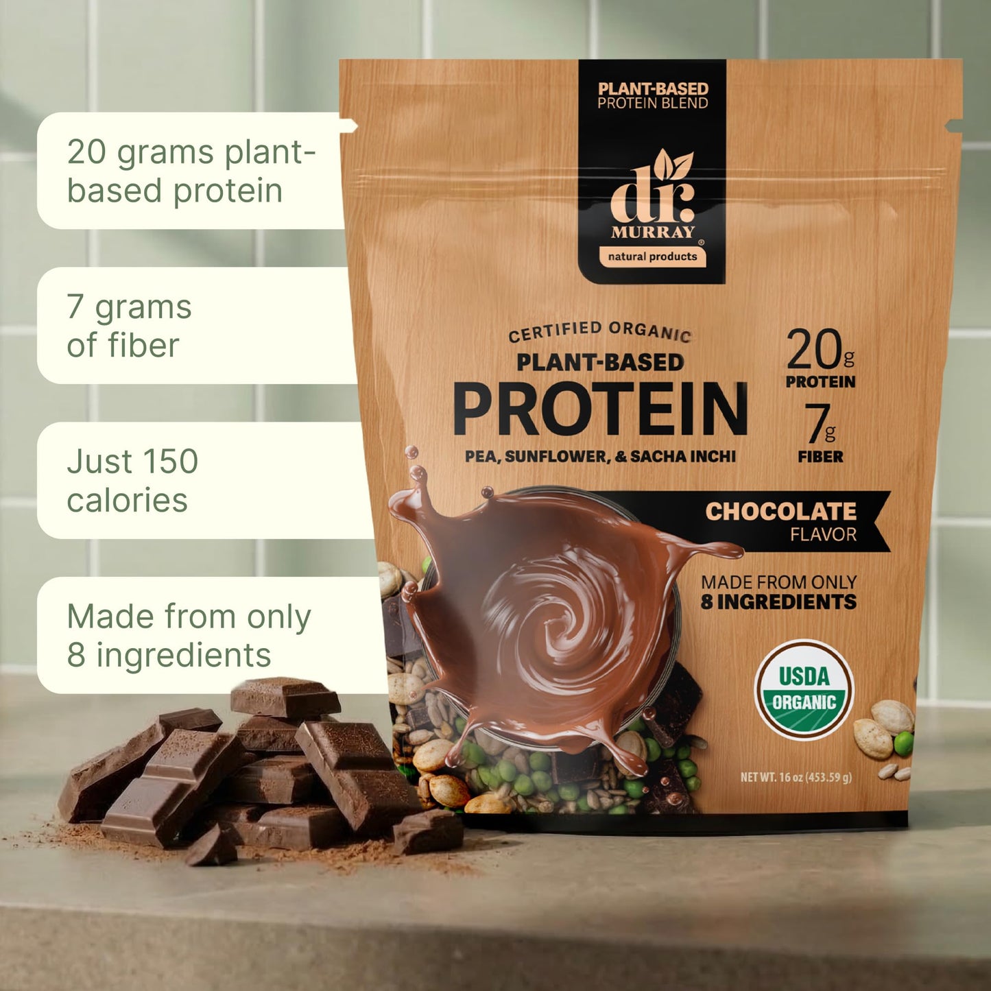 Dr. Murray's USDA Organic Plant Based Protein Powder | 20g Protein | 6g Fiber | Vegan & Keto | Gluten & Dairy Free | Low Carb | No Added Sugar | Matcha, 1 lb.