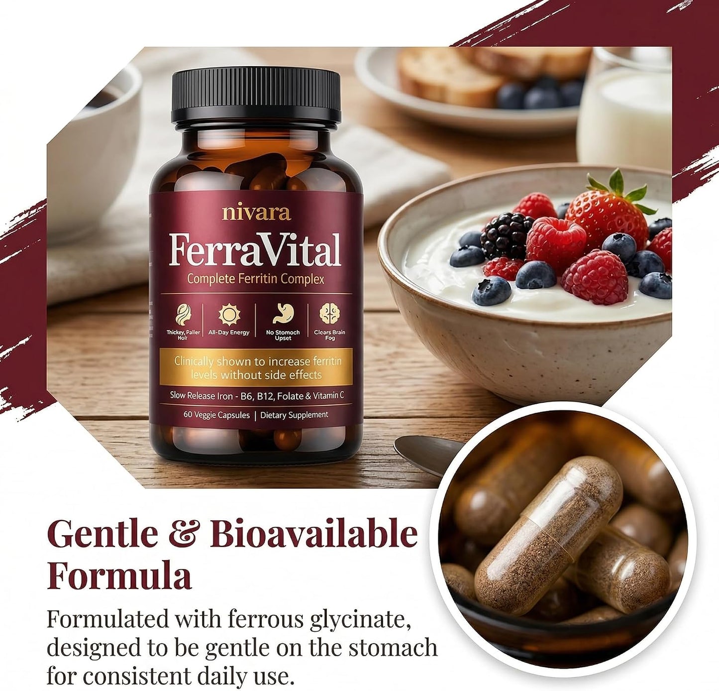 NIVARA FerraVital Ferritin Support for Women - Iron Supplement with Ferrous Glycinate, Vitamin C, B12, B6, Folate & Zinc, Supports Healthy Iron Levels & Daily Energy - 60 Capsules (1)