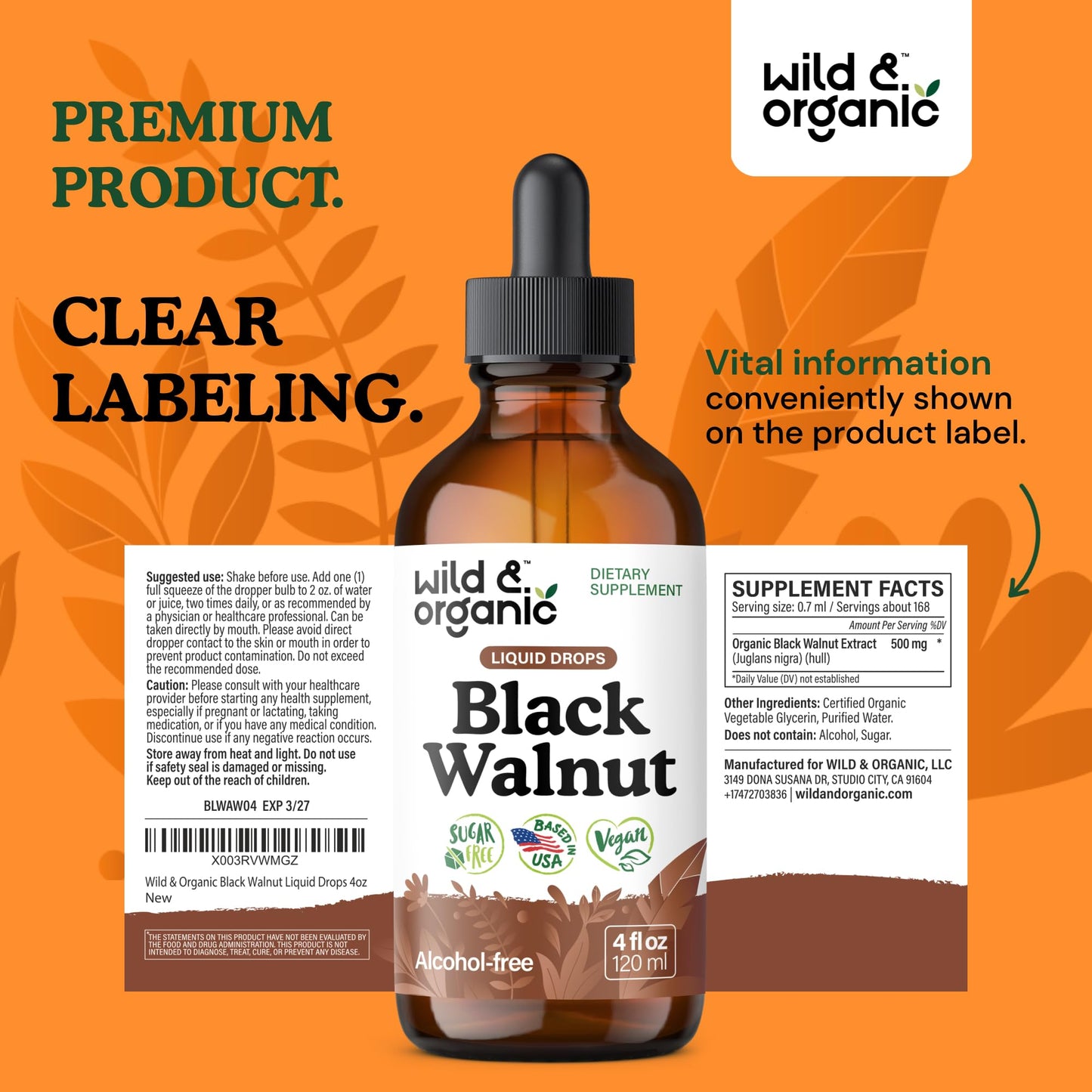 Wild & Organic Black Walnut Hull Tincture - Cleanse & Gut Support - Black Walnut Extract Supplement - Fast Absorption Liquid Drops - Add to Tea & Mix with Powder - Without Alcohol & Sugar - 4 fl oz