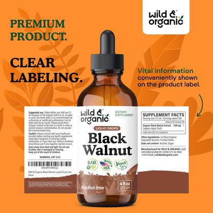 Wild & Organic Black Walnut Hull Tincture - Cleanse & Gut Support - Black Walnut Extract Supplement - Fast Absorption Liquid Drops - Add to Tea & Mix with Powder - Without Alcohol & Sugar - 4 fl oz