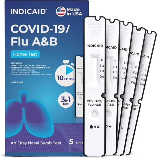 INDICAID COVID-19/Flu A+B 3-in-1 Antigen Test, Covid Flu Test Combo, 5 Tests, Accurate Results in 10 Minutes - Made in USA, Easy to Use at Home, School, Working Place, and when Traveling- FSA/HSA Eligible