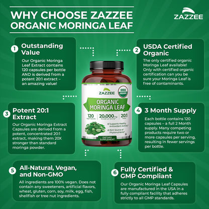 Zazzee USDA Organic Moringa Leaf 20:1 Extract, 180 Vegan Capsules, 3 Month Supply, Certified Kosher, Moringa Oleifera, Antioxidant, Immune & Cellular Support, Superfood Supplement, Made in the USA