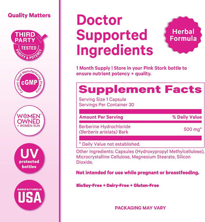 Pink Stork Berberine 500 mg, AMPK Metabolic Activator for Women, 30 Count | Metabolism + Gut Health Support for Women, Third-Party Tested, Vegan, Non-GMO