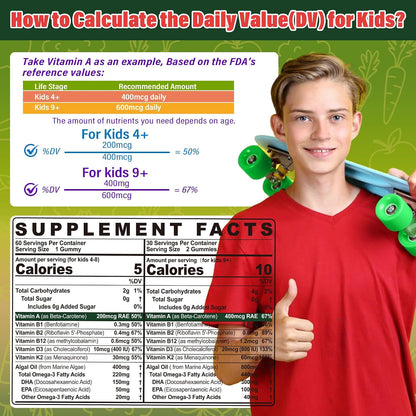 NEVISS Kids Teens Ages 4–17 Multivitamin with Iron Omega3 D3K2, Picky Eater Vitamin Super Greens Gummies, Boys Girls Organic Fruits Veggies Superfood Gummy, Mushroom | Immune Bone Brain, Sugar Free