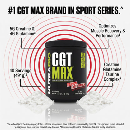 NutraBio CGT-MAX Powder- Creatine, Glutamine and Taurine to Support Muscle Recovery and Strength - 40 Servings - Unflavored