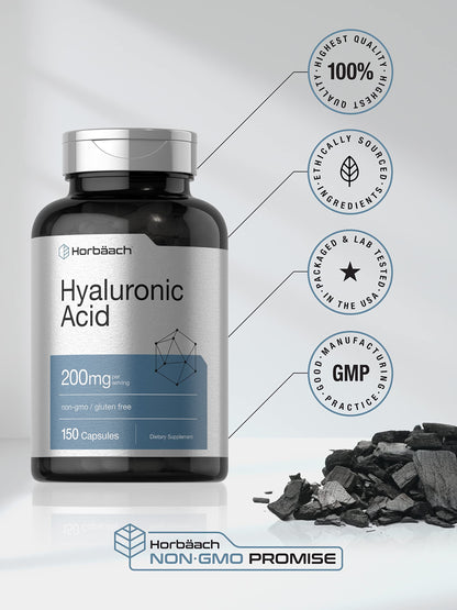 Horbäach Hyaluronic Acid Supplement | 200 mg | 150 Capsules | Non-GMO and Gluten