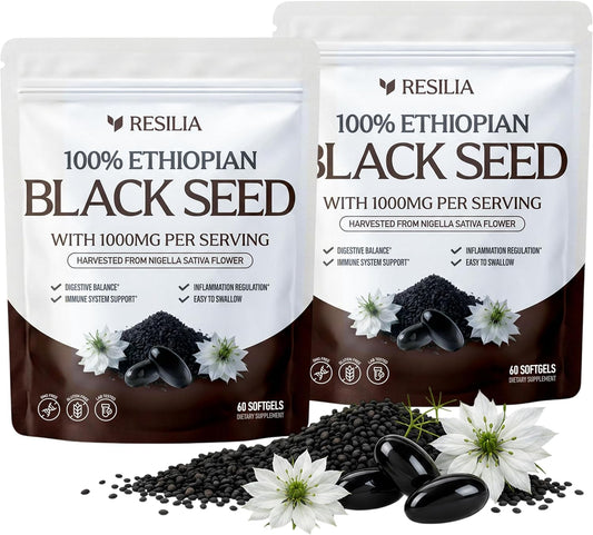 Resilia Ethiopian Black Seed Softgels 1000mg Per Serving – Premium Nigella Sativa Seed Oil Supplement – Digestive & Immune Support Formula – Easy to Swallow Soft Capsules 120 Count (Pack 2)